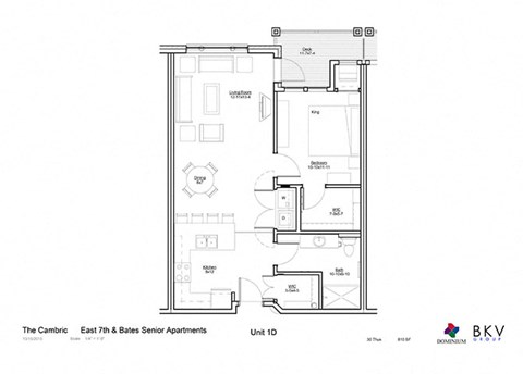 Floor plan for 1 bed, 1 bath, 810 sqft